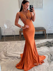 Orange Beaded Mermaid V Neck Long Prom Dresses lpk807|Selinadress