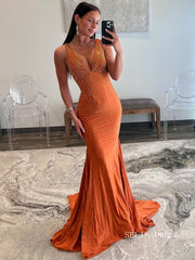 Orange Beaded Mermaid V Neck Long Prom Dresses lpk807|Selinadress