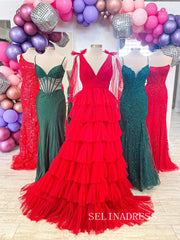 Orange V-Neck Bow Straps Ruffled Tulle Long Prom Dress with Slit lpk8036|Selinadress