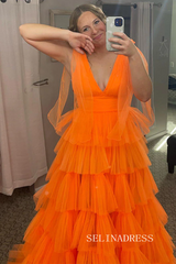 Orange V-Neck Bow Straps Ruffled Tulle Long Prom Dress with Slit lpk8036|Selinadress