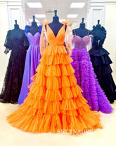 Orange V-Neck Bow Straps Ruffled Tulle Long Prom Dress with Slit lpk8036|Selinadress