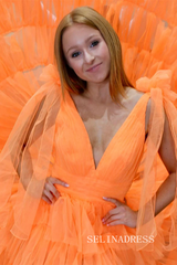 Orange V-Neck Bow Straps Ruffled Tulle Long Prom Dress with Slit lpk8036|Selinadress