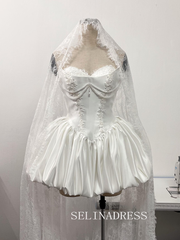 Bubble Skirt Wedding Dress Mini Wedding Dress Bridal Dress with Short Lace Veil # PHJ002