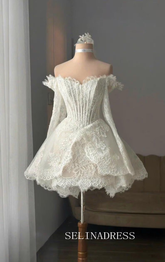 Off-Shoulder Corset Mini Wedding Dress Lace Bridal Reception Gown PHJ005
