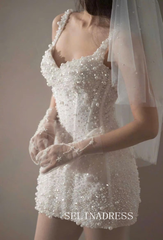 Off-Shoulder Corset Mini Wedding Dress Lace Bridal Reception Gown PHJ006