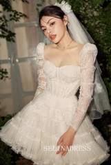 Mini Lace Corset Wedding Dress – Long Sleeves Tiered Tulle Skirt PHJ007
