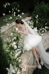 Mini Lace Corset Wedding Dress – Long Sleeves Tiered Tulle Skirt PHJ007