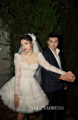 Mini Lace Corset Wedding Dress – Long Sleeves Tiered Tulle Skirt PHJ007