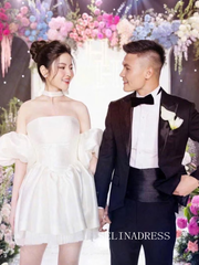 Taffeta Mini Wedding Dress Long Sleeve Bridal Party Dress PHJ008