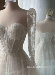 Lace Corset Mini Wedding Dress Long Sleeves Tiered Tulle Skirt PHJ010