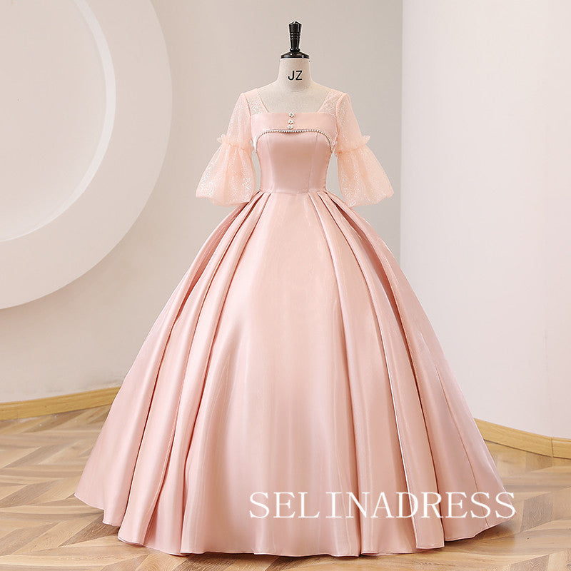 Pink Ball Gown Prom Dress With Half Sleeve Satin Evening Dress #ann212|Selinadress