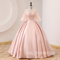 Pink Ball Gown Prom Dress With Half Sleeve Satin Evening Dress #ann212|Selinadress