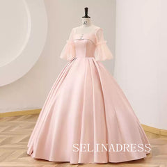 Pink Ball Gown Prom Dress With Half Sleeve Satin Evening Dress #ann212|Selinadress