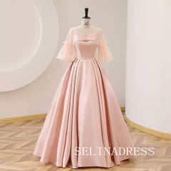 Pink Ball Gown Prom Dress With Half Sleeve Satin Evening Dress #ann212|Selinadress