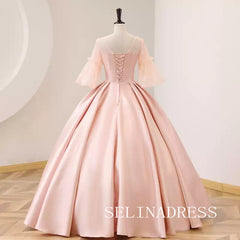 Pink Ball Gown Prom Dress With Half Sleeve Satin Evening Dress #ann212|Selinadress