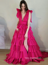Plunging V-Neck Fuchsia Bow Straps Ruffle Ball Gown lpk579|Selinadress