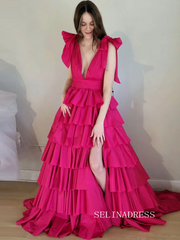Plunging V-Neck Fuchsia Bow Straps Ruffle Ball Gown lpk579|Selinadress