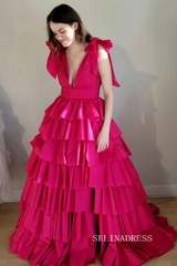 Plunging V-Neck Fuchsia Bow Straps Ruffle Ball Gown lpk579|Selinadress