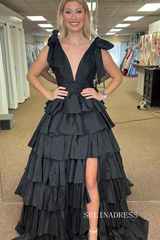 Plunging V-Neck Fuchsia Bow Straps Ruffle Ball Gown lpk579|Selinadress