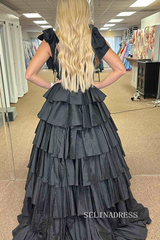 Plunging V-Neck Fuchsia Bow Straps Ruffle Ball Gown lpk579|Selinadress