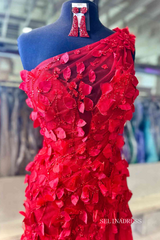 Red One Shoulder Leaf Appliques Mermaid Prom Dress lpk561|Selinadress