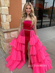 Rhinestone Embellished Fuchsia Pink Strapless Prom Dress lpk908|Selinadress