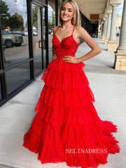 Ruffle Tulle Red Ball Gown Lace Beaded Prom Dress lpk909|Selinadress