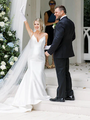 Rustic Mermaid Spaghetti Straps Back Bow Satin Wedding Dress lpk915|Selinadress