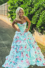 A Line Strapless Floral Chiffon Tiered Long Prom Dresses SEA054|Selinadress