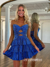 Sparkly Royal Blue Cut Out A Line Tiered Short Homecoming Dress with Beading #TKL533|Selinadress