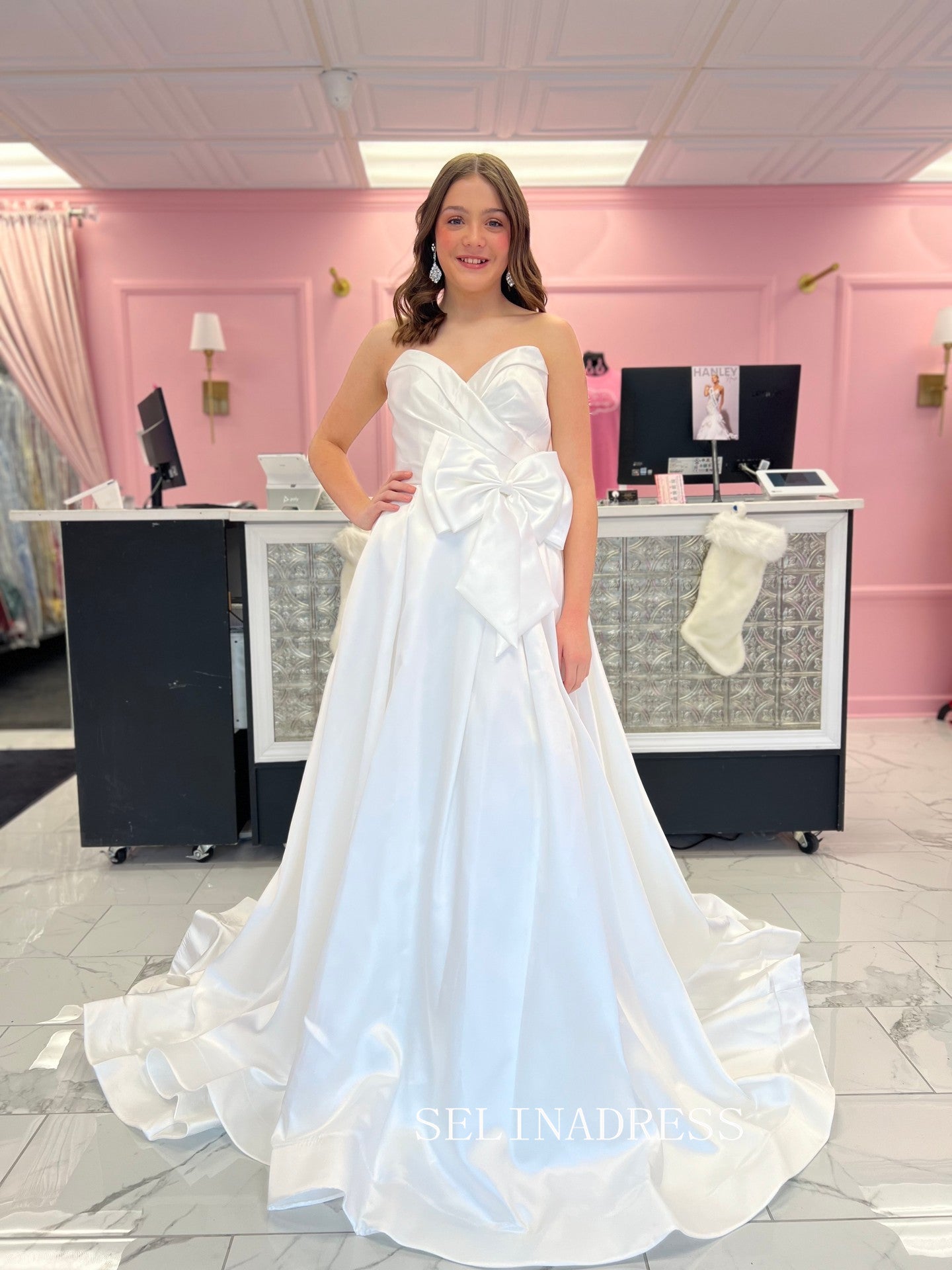 A-line Sweetheart White Long Prom Dress Wedding Dresses With Bow SEW1207|Selinadress