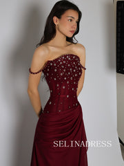 Sheath/Column Spaghetti Straps Long Prom Dress Burgundy Evening Dresses REN014|Selinadress