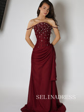 Sheath/Column Spaghetti Straps Long Prom Dress Burgundy Evening Dresses REN014|Selinadress