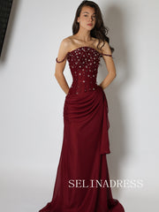 Sheath/Column Spaghetti Straps Long Prom Dress Burgundy Evening Dresses REN014|Selinadress