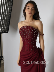 Sheath/Column Spaghetti Straps Long Prom Dress Burgundy Evening Dresses REN014|Selinadress
