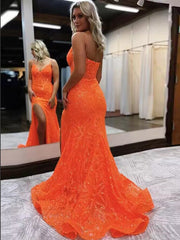 Shiny Orange Mermaid Long Prom Dresses V-neck Lace With Slit Party Dress #LPK280|Selinadress