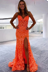 Shiny Orange Mermaid Long Prom Dresses V-neck Lace With Slit Party Dress #LPK280|Selinadress