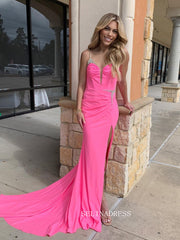 Spaghetti Straps Hot Pink Mermaid Long Prom Dresses With Slit sew1011|Selinadress