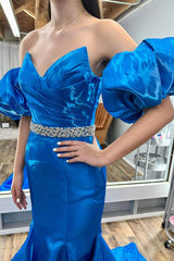 Strapless Blue Balloon Sleeves Mermaid Prom Dress with Jeweled Belt SEW1118|Selinadress