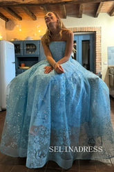 Strapless Blue Long Prom Dress Sparkly Evening Dresses REN012|Selinadress