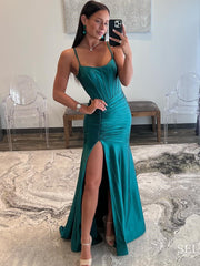 Straps Satin Mermaid Long Prom Dress with Slit lpk809|Selinadress