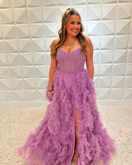 Sweetheart Gray Blue Tiered Tulle Ball Gown Long Princess Dress With Slit SEW1154|Selinadress