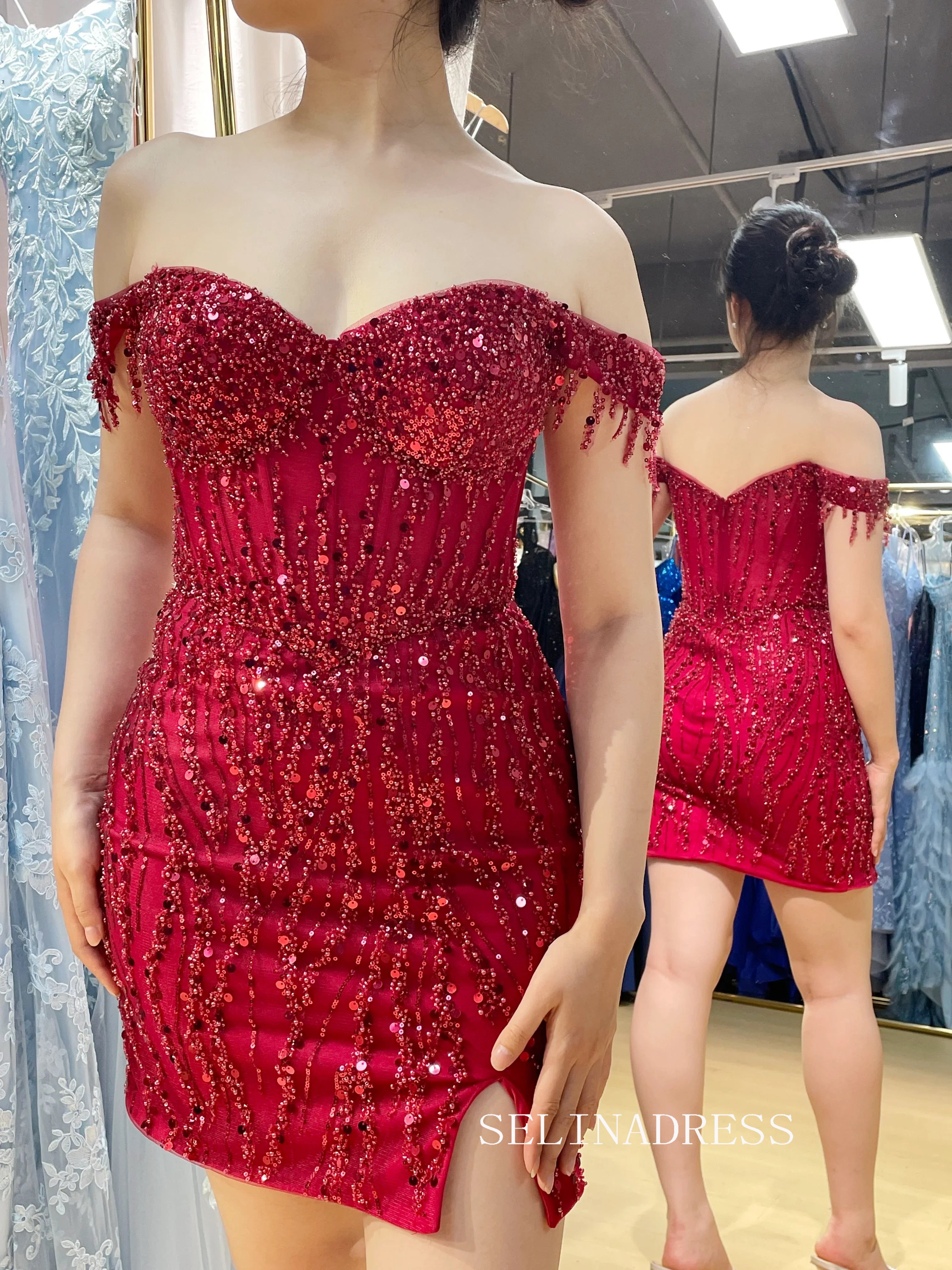 Off-the-Shoulder Beaded Corset Sequin Mini Dress with Slit TFB 5015|Selinadress
