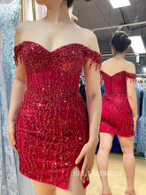 Off-the-Shoulder Beaded Corset Sequin Mini Dress with Slit TFB 5015|Selinadress