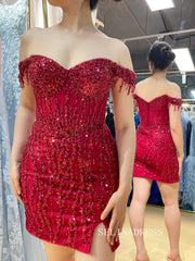 Off-the-Shoulder Beaded Corset Sequin Mini Dress with Slit TFB 5015|Selinadress