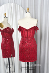 Off-the-Shoulder Beaded Corset Sequin Mini Dress with Slit TFB 5015|Selinadress