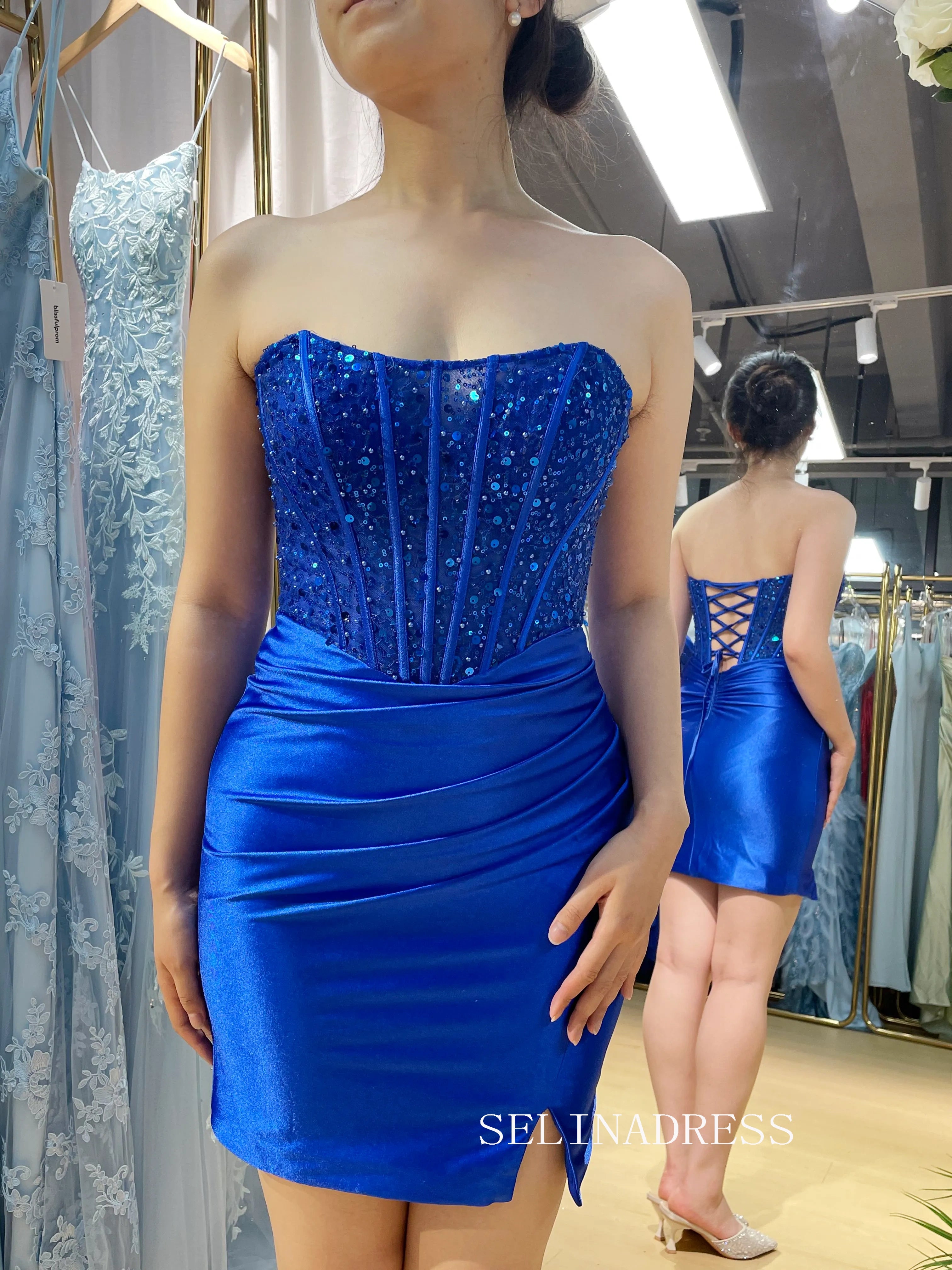 Sequin Corset Satin Bodycon Homecoming Dress with Side Slit TFB 5023|Selinadress