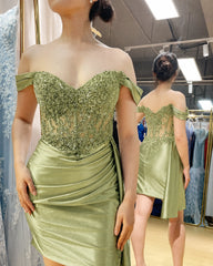 Off-Shoulder Corset Draped Satin Lace Homecoming Dress with Side Train TFB 5024