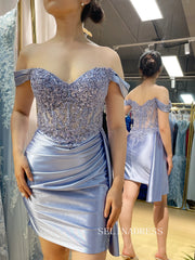 Off-Shoulder Corset Draped Satin Lace Homecoming Dress with Side Train TFB 5024