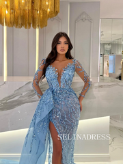 Mermaid Deep V neck Long Sleeve Full Beaded Evening Dresses Sky Blue Evening Gown TKH006|Selinadress